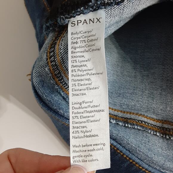 Spanx Distressed Skinny Jeans Raw Hem Pull On Pant Dark Wash Denim Womens M - Picture 7 of 11